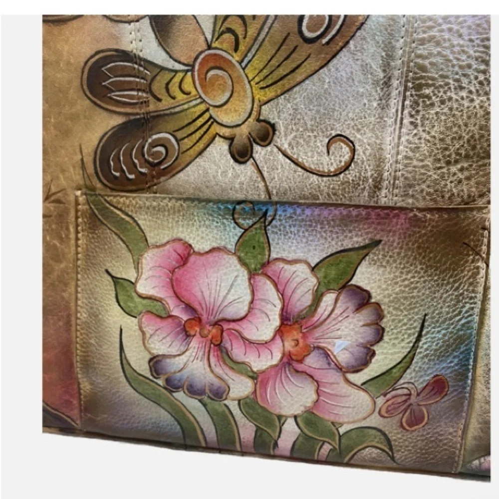 VTG Anuschka Hand Paint Flower Butterflies Leather Double Strap HandBag ￼Satchel